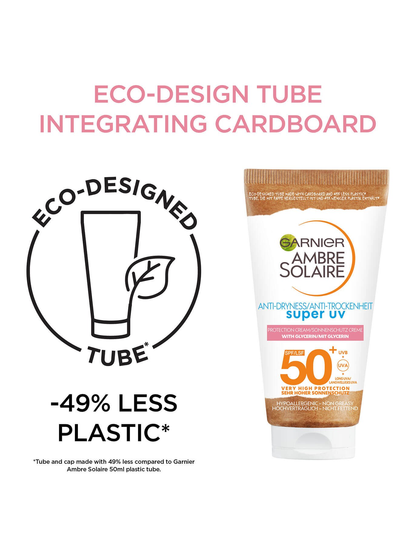 Super UV Ambre Solaire Anti Dryness packshot and 40% less plastic logo